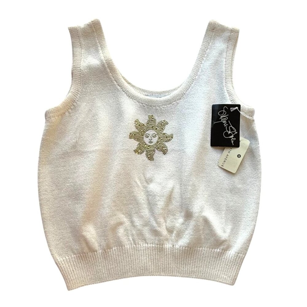 Vintage St. John Sport Ivory Knit Tank‎ with Gold Sun Embellishment Medium NOS